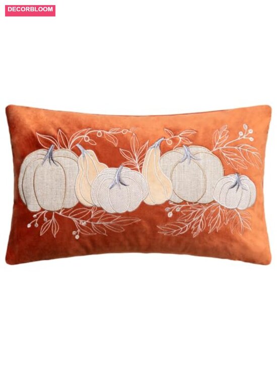 Other - Embroidered Pumpkin Velvet Throw Pillow Cover 12x20 Farmhouse Fall Decor